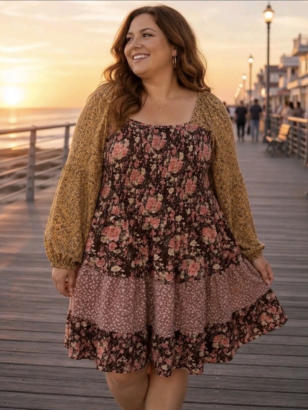 Oddy Floral Patchwork Tiered Babydoll Boho Dress, Size 2X